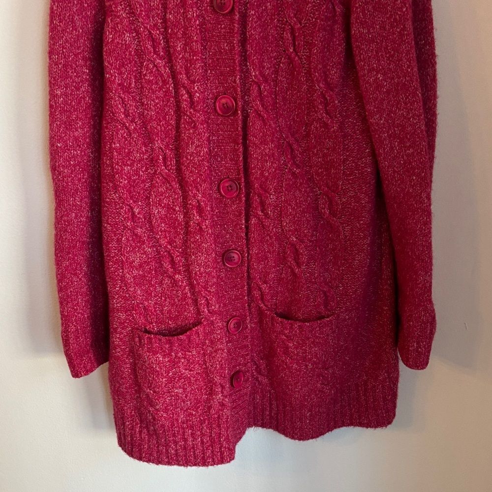 L.L. Bean women chunky cable knit hooded fisherman red long Cardigan sweater XL - Picture 3 of 9